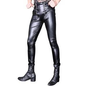 Hot sale Lycra Trousers - Urban sexy cool men’s pants creative PU leather pants Korean version of the three-dimensional double zipper open crotch tight motorcycle pants stitching feet pants ...