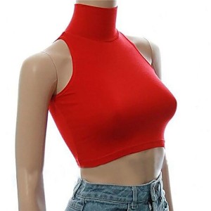Sexy Feminine Temperament Sleeveless High Neck Narrow Shoulder Red Short Vest Ladies Tights