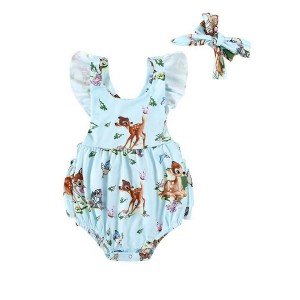 JollyJoey Baby Girls Summer Cute Fawn Print Triangle Onesie Baby Crawler with hair accessories
