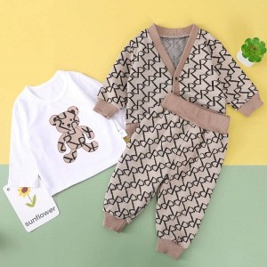 JollyJoey Baby Spring and Autumn Letters Bear Cardigan T-shirt Trousers Three-piece Set