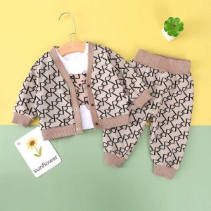 JollyJoey Baby Spring and Autumn Letters Bear Cardigan T-shirt Trousers Three-piece Set
