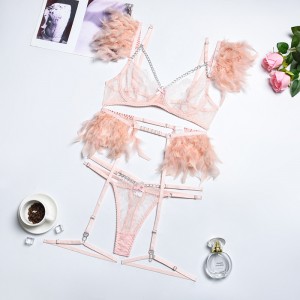 3 Pieces Delicate Underwear Sexy Transparent Lace Bra with Chain Luxury Erotic Sets