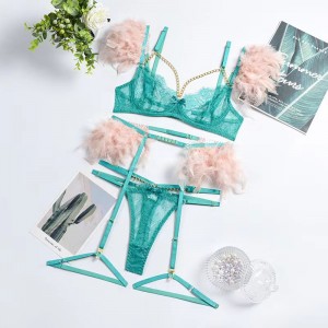3 Pieces Delicate Underwear Sexy Transparent Lace Bra with Chain Luxury Erotic Sets