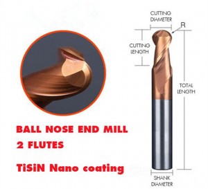 55 HRC TiSiN coat ball nose end mill 2 flutes