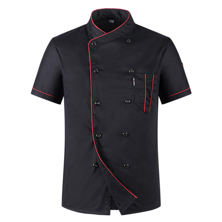 Custom Black Chef Coat Contrast Piping Long Sleeves Logo Jacket Uniform