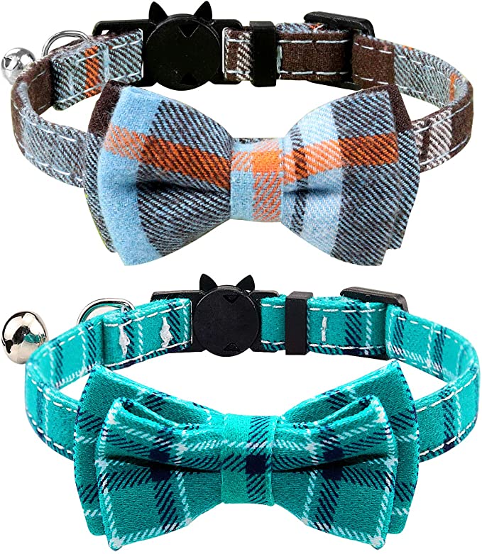 Breakaway Cat Collar with Bow Tie and Bell, Cute Plaid Patterns
