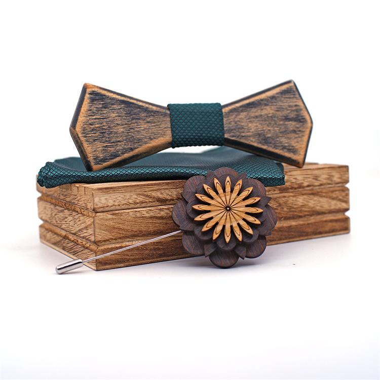 Exquisite Handky Wooden Lapel Pin Slim Bowtie Set For Men Wedding 6