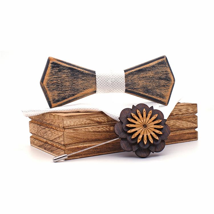 Exquisite Handky Wooden Lapel Pin Slim Bowtie Set For Men Wedding