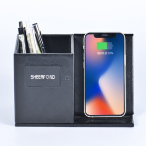 Leather Desk Organizer with Qi Charger Wireless Charger Leather Pen Holder