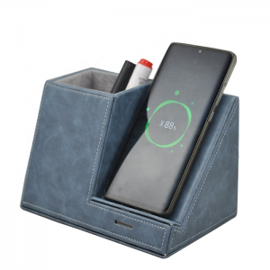Blue PU Leather Office Stationery Pen holder 10W Wireless Charger Mobile phone charging stand