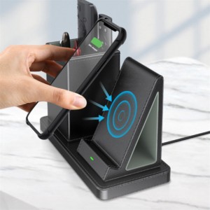 Office Multi-Functional stationery holder Leather Wireless Charger with Desk Organizer pen holder  phone Wireless charging stand