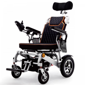 Silla de ruedas eléctrica plegable cómoda con respaldo ajustable y respaldo alto para exteriores