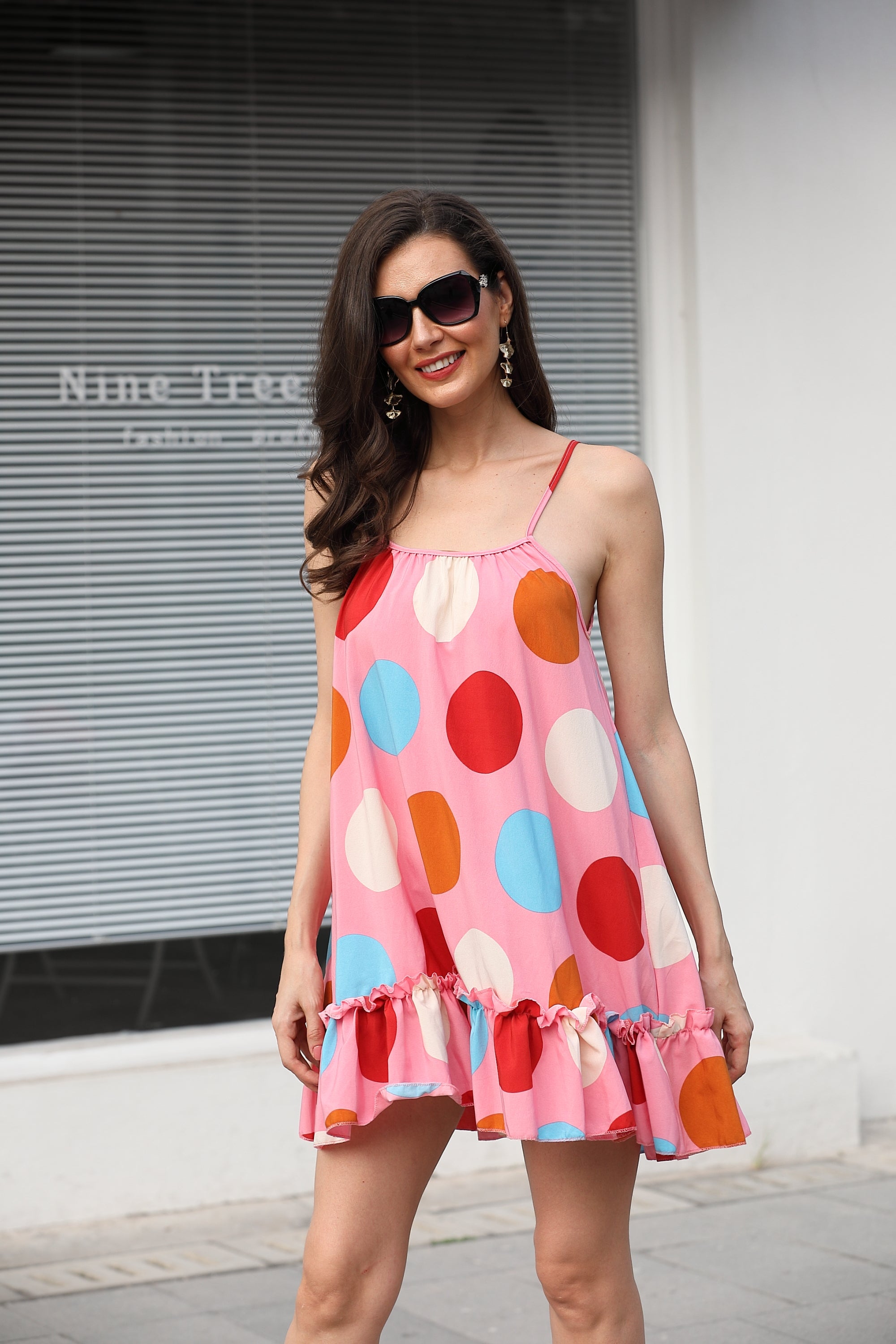Wholesale Clothing Manufacturer Stretch Color Polka Dot Sleeveless Adjustable Spaghetti Strap Mini Dress