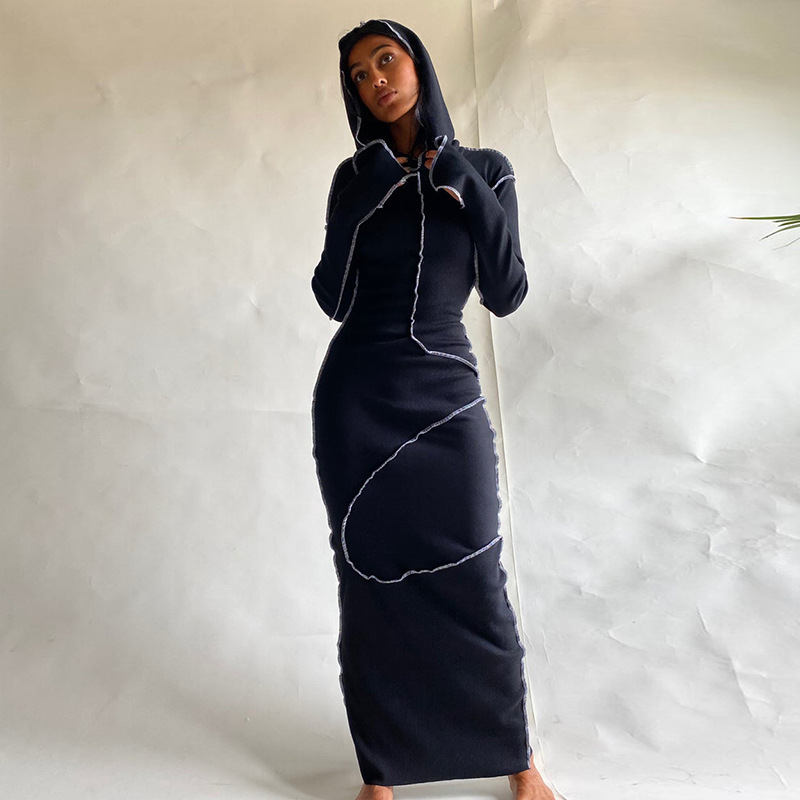 Maxi Dress Long Sleeves Patchwork Bodycon Hooded Solid Straight Winter Long Women’s Casual Dresses