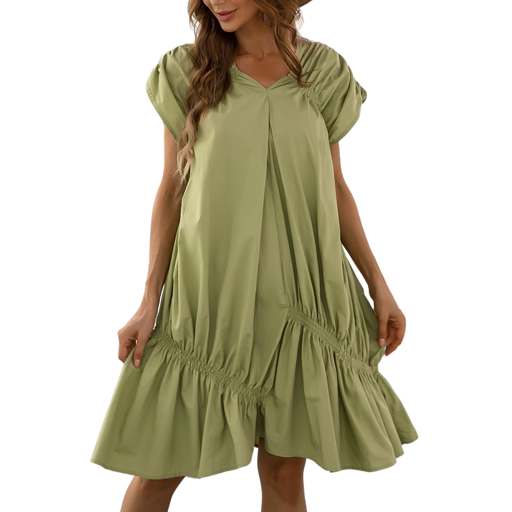 Maxi Dress Short Sleeve Loose V Neck Solid Color Ruffle Elegant Women’s Casual Dresses