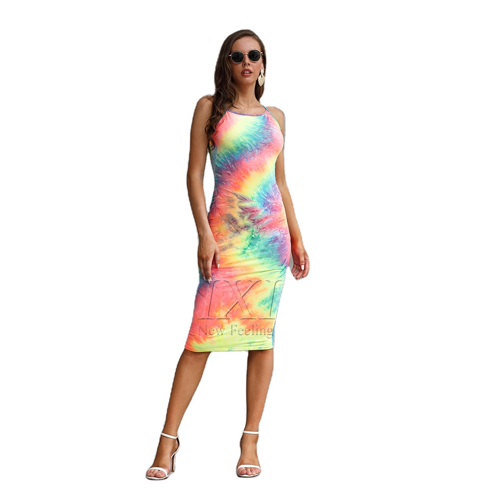 Milk Silk Tie-Dye Halter Dress Cool Backless Spaghetti Strap Sexy Club Party Dress For Women Featured Image