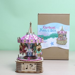 BSCI Certified Factory Laser Cut Carrousel 3D Wooden Puzzle Model Building Kit With Music & Light – W0301P
