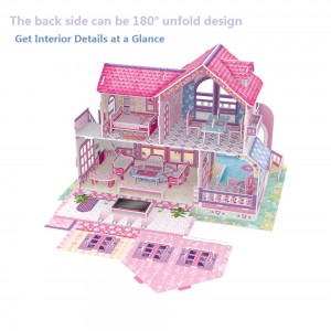3D Puzzle Dollhouse with Furniture Sweet Villa Pink Villa Gift for Little Girl DIY Doll House Kit – C0304