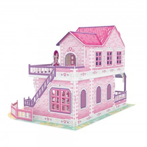 3D Puzzle Dollhouse with Furniture Sweet Villa Pink Villa Gift for Little Girl DIY Doll House Kit – C0304