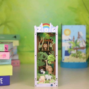 Bookshelf Insert 3D Wooden Puzzle Bookend Model Building Kit DIY Book Nook Craft Kit with Mini-LEDs L0302P