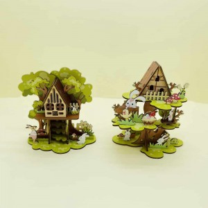 OEM Design 3D Puzzle Supplier Making Easter Bunny Tree House 3D Wooden Puzzle with Quality UV Resistant Gloss W0202P-2