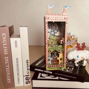DIY Dollhouse Book Nook Bookshelf Insert 3D Wooden Puzzle with LED Lights Building Model Kit L0301P