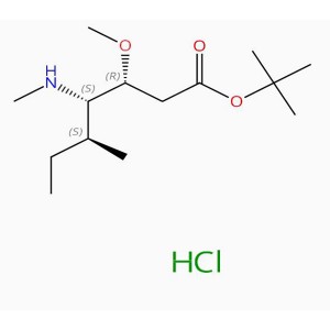 C14H29NO3.ClH Komponen: 2 Komponen RN: 474645-22-2 Asam heptanoat, 3-metoksi-5-metil-4-(metilamino)-, 1,1-dimetil letil ester, hidroklorida (1:1), (3R, 4S,5S)- (ACI)