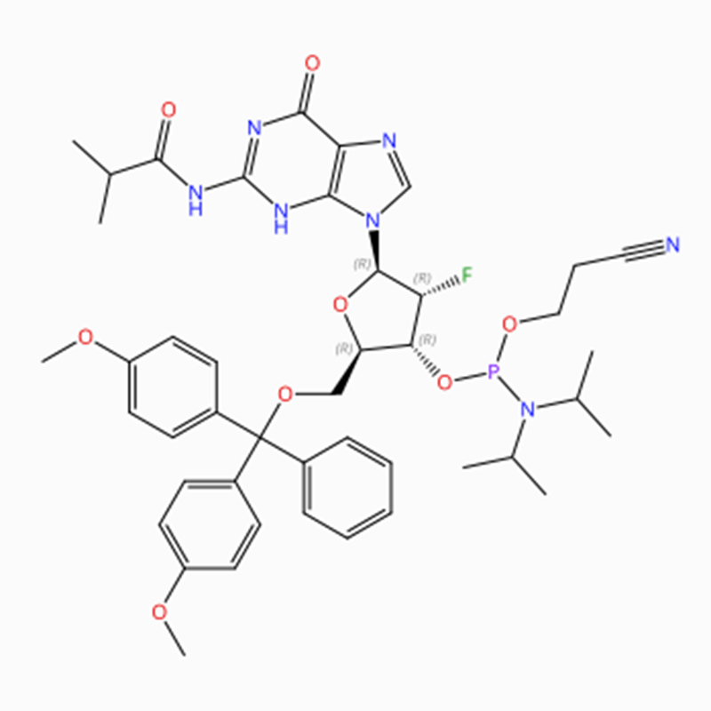 C44H53FN7O8 Guanosine, 5′ -O- [bis(4-methoxyphenyl)phenylmethyl]-2′ -deoxy-2′ – fluoro-N-(2-methyl-1-oxopropyl)-, 3′ – [2-cyanoethyl N,N-bis(1-methyl ethyl)phosphoramidite] (ACI)