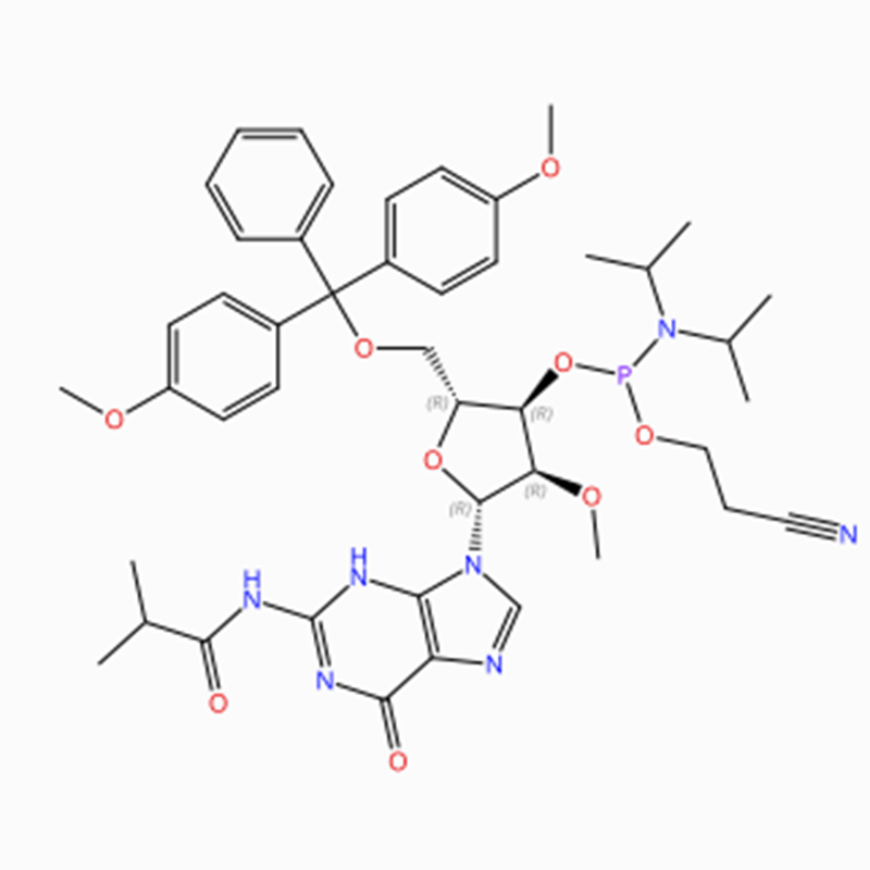 C45H56N7O9P Guanosine, 5′ -O- [bis(4-methoxyphenyl)phenylmethyl]-2′ -O-methyl- N-(2-methyl-1-oxopropyl)-, 3′ – [2-cyanoethyl N,N-bis(1-methylethyl) phosphoramidite] (ACI)
