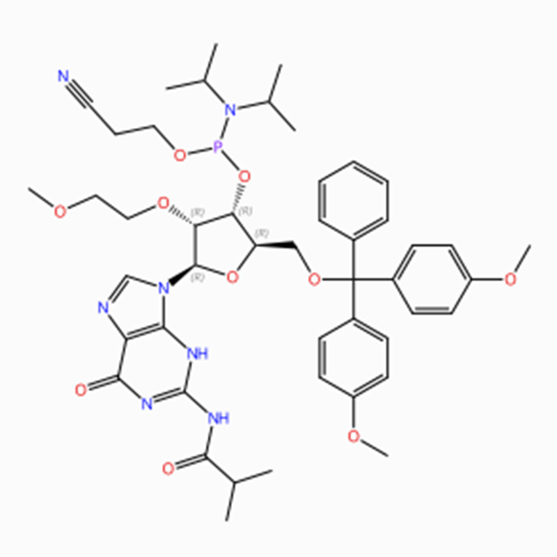 C47H60N7O10P Guanosiin, 5'-O- [bis(4-metoksüfenüül)fenüülmetüül]-2'-O-(2-metoksüetüül)-N-(2-metüül-1-oksopropüül)-, 3'-[2-tsüanoetüül-N ,N-bis(1-metüületüül)fosforamidiit] (ACI)