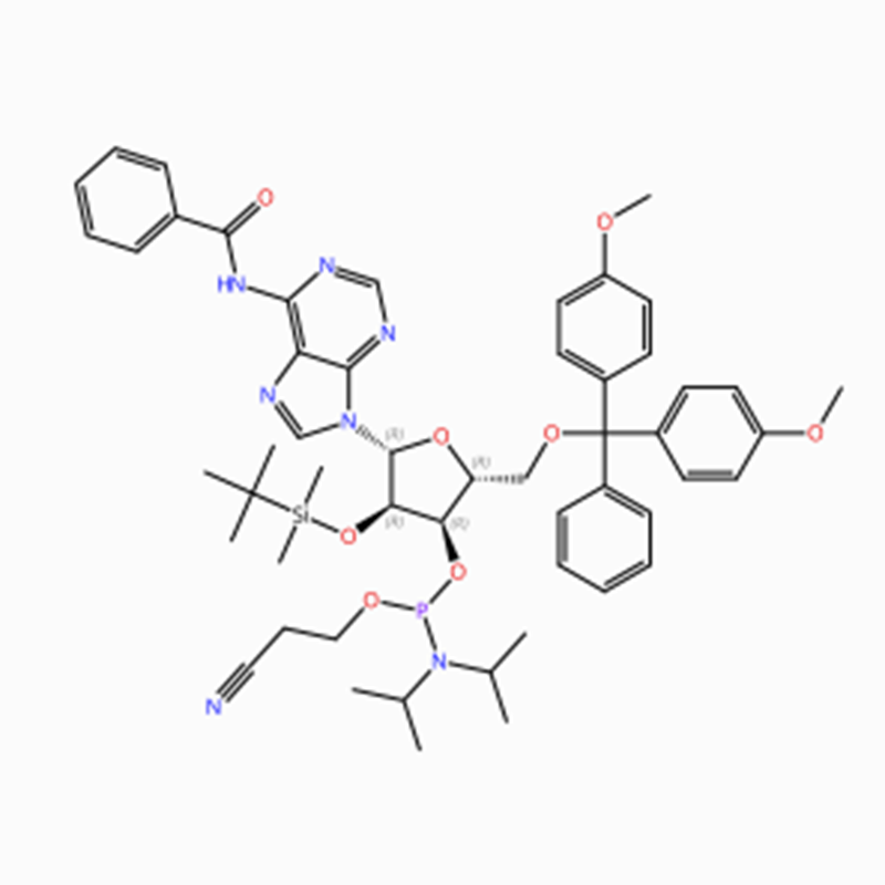 C53H66N7O8PSi CAS NO.: 104992-55-4 Adenosine, N-benzoyl-5′ -O- [bis(4-methoxyphenyl)phenylmethyl]-2′ – O- [(1,1-dimethylethyl)dimethylsilyl]-, 3′ – [2-cyanoethyl N,N-bis(1- methylethyl)phosphoramidite] (ACI)