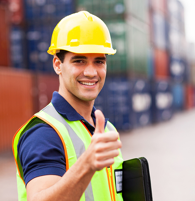 container warehouse worker giving thumb up