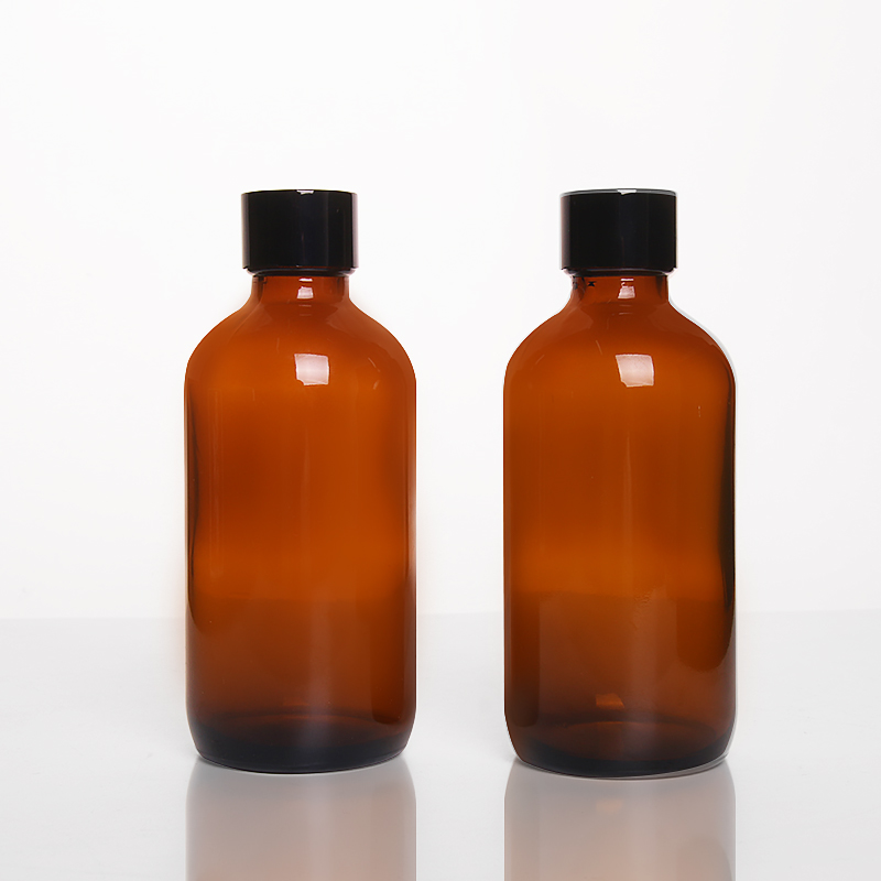 Wholesale 240ml Amber Boston Glass bottle with plug essential Oil makeup remover round container