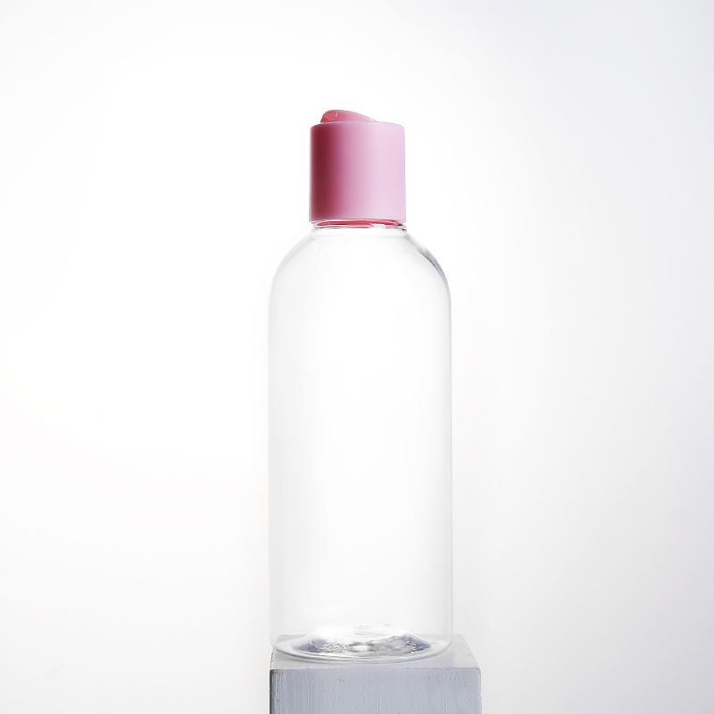 OEM 250ml Transparent Round Shoulder PET Bottle Disc Cap Toner Serum Plastic Container Cosmetic Packaging