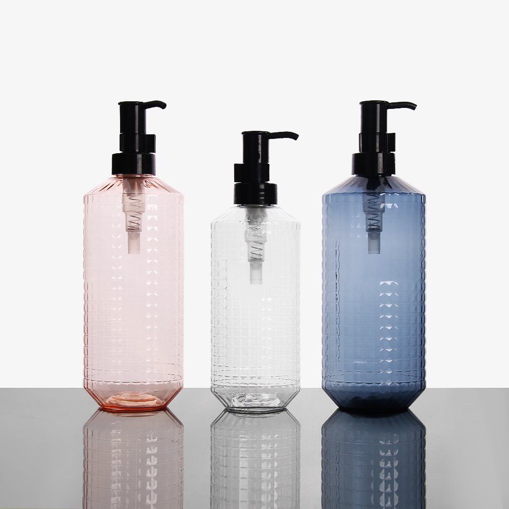500ml 800ml PET Plastic Bottles Shampoo Bottle with Lotion Pump Checkered Pattern Cosmetic Packaging
