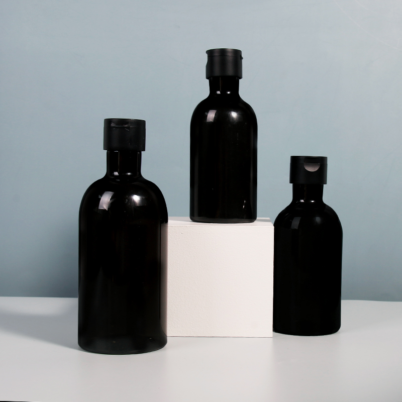 Black 250ml 400ml Cosmetic Plastic PET Bottle Flacon Round Bottle with Flip Cap Shampoo Lotion Gel Bottle