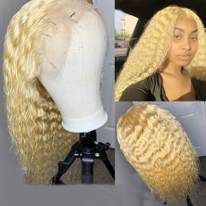 24inch Virgin Hair Blonde 613 Transparent Lace Front Wigs Wholesale Deep Curly Wigs
