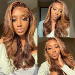 Factory Supply Lace Front Wig Human Hair Pre Plucked 13X4 HD Transparent 4/27 Honey Blonde Lace Frontal Wigs with Baby Hair 150% Density Colored Body Wave Lace