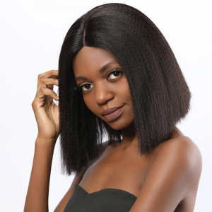 kinky Straight Bob Wigs 180% Density Natural Color Pre Plucked
