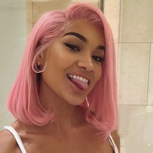 Straight Pink Bob Wigs 180% Density Glueless Silky Middle Part