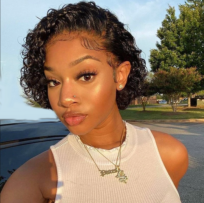 Wholesale Water Wave Frontal Wig –  Pixie Cut Curly Short Pre Styled Bob Wig Pre Plucked Glueless Wig  – OKE