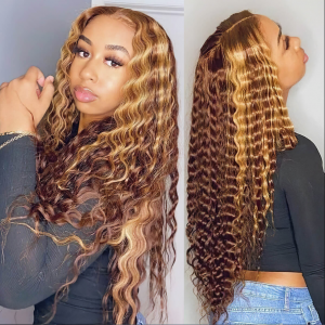 Deep Wave Ombre Highlight Frontal Wig HD Transparent Honey Blonde