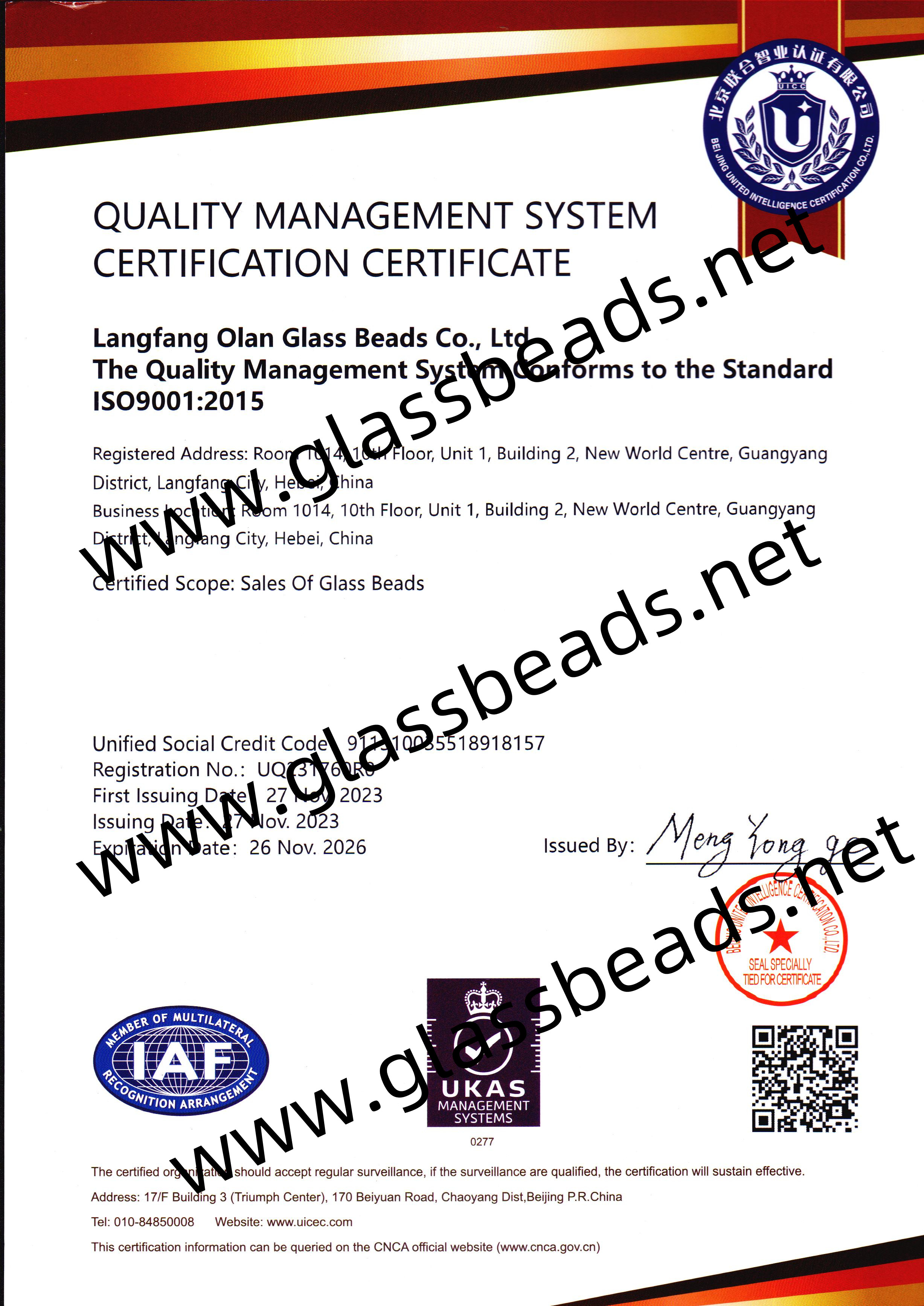 Olan Glass Beads Updates ISO9001 Certificate