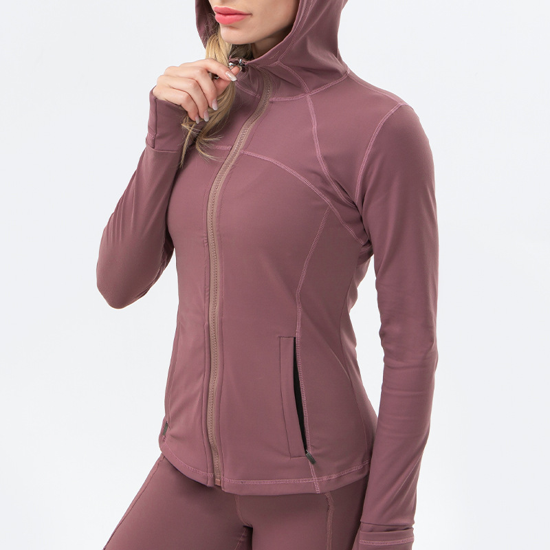jacket China sports elastic custom zipper suppliers high Women running long and yoga hooded coat factory Omi sleeve | top workout