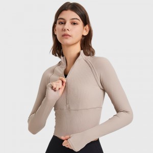 Women quick dry crop yoga top stand collar half zip jacket coat running long sleeve sweatshirt