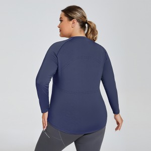 Women plus size tummy control mesh hole breathable running fitness oversized long sleeve top