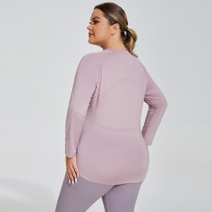 Women plus size tummy control mesh hole breathable running fitness oversized long sleeve top
