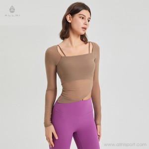 Custom sex fake two piece mesh sweatshirt outdoor running fitness padded yoga long sleeve top