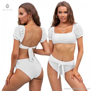 Custom women bow strap puff sleeve tube top bikini set 2 pcs swimsuit | OMI Swimwear Supplier