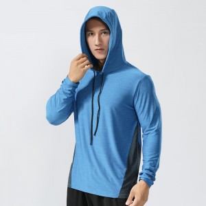 Mens long sleeve sports hoodies quick dry color block drawstring outdoor hooded tshirts
